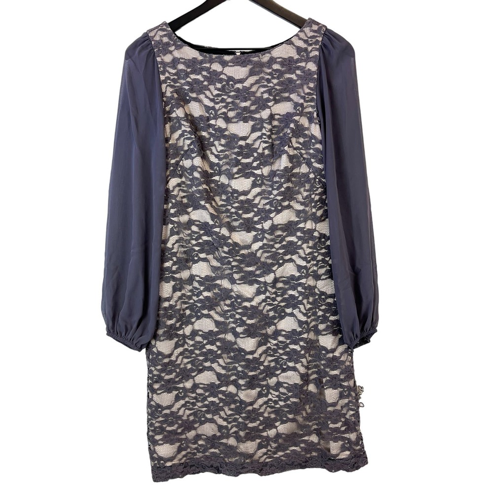 NWT Eliza J (4) Lace Shift Mini Dress Gray Sheer Sleeves Boat Neck